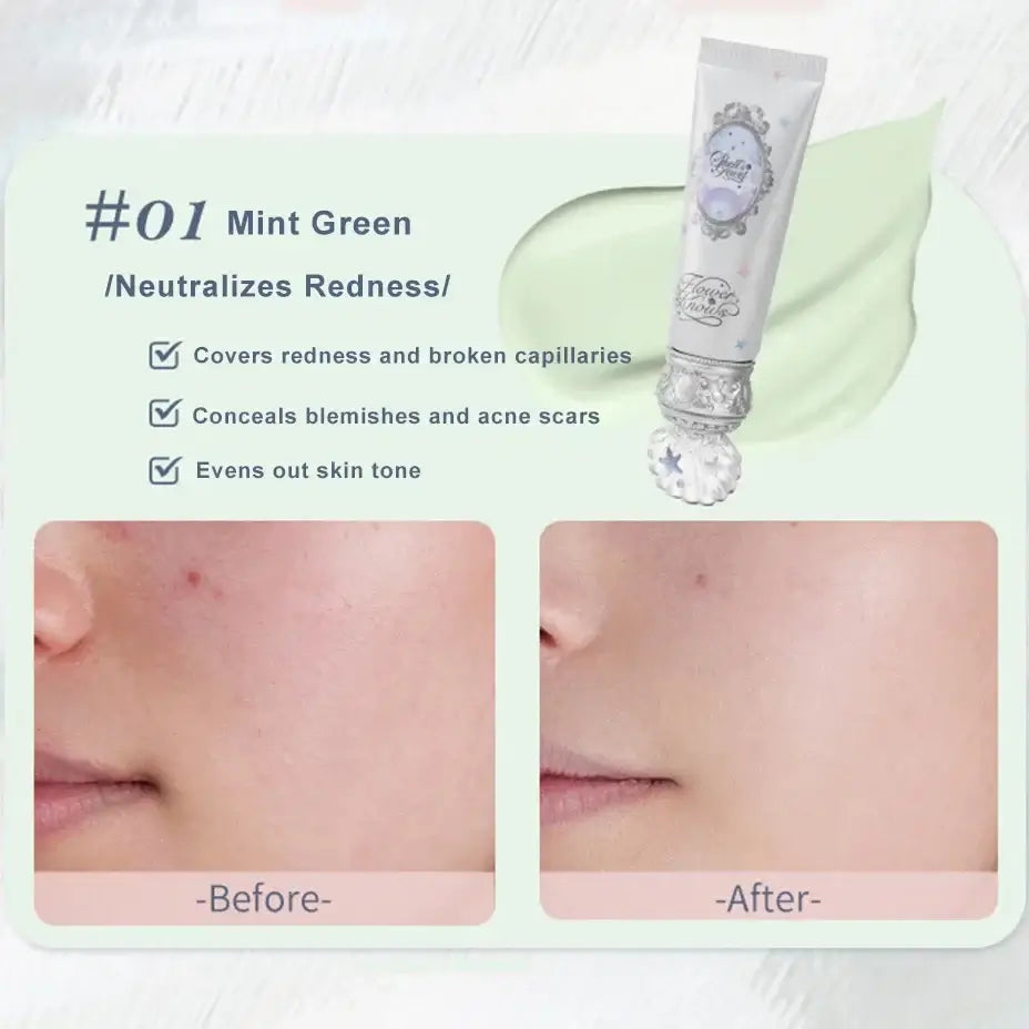 Illustration of Frost Glow Cosmetics Primer benefits: Triple-tone customization, pore-blurring effect, soft-focus complexion, hydrating skin fusion.