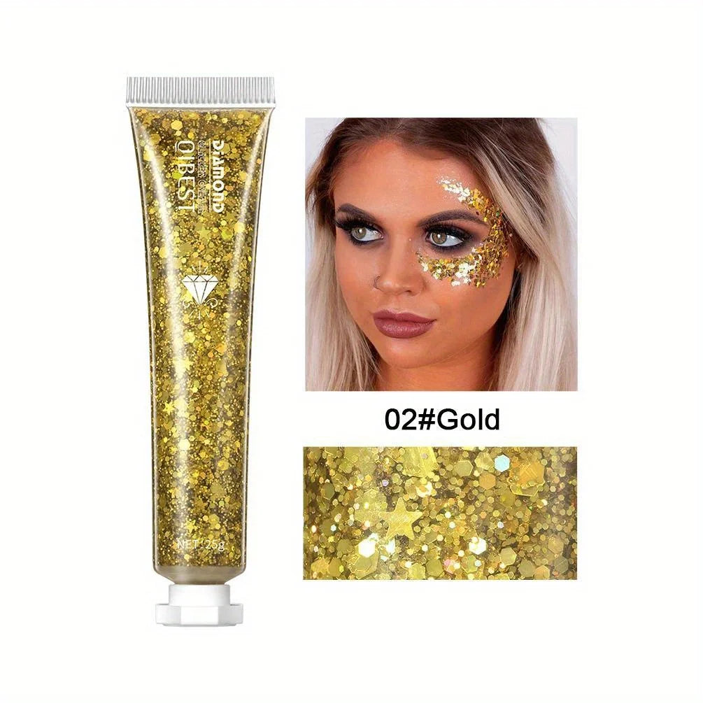 Collage of glamorous Halloween makeup featuring glitter tubes and creative face designs by Frost Glow Cosmetics.