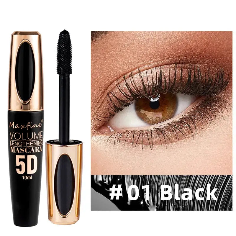 Frost Glow Cosmetics 5D silk mascara. Waterproof, non-caking formula for bold black lashes with length, volume & long-lasting wear.