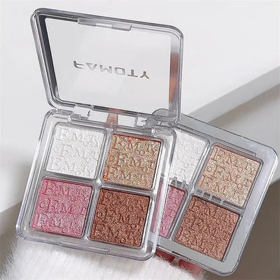 Frost Glow Cosmetics Shimmer Highlighter palette with four shades, featuring models showcasing a glittery makeup look.