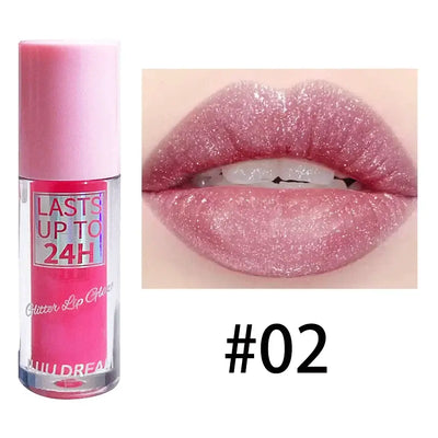 Frost Glow Cosmetics lip gloss with glitter glaze on sparkling pink lips, showcasing long-lasting shimmer in a stylish design.