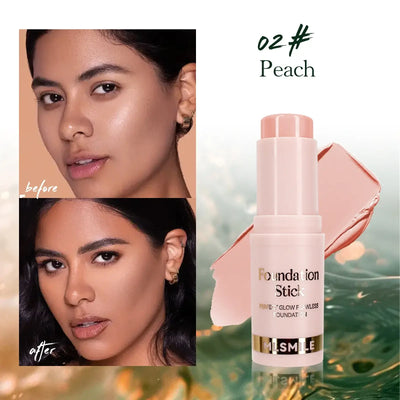 Frost Glow Cosmetics Waterproof Cream Foundation Stick in Golden, showcasing before and after skin transformation.