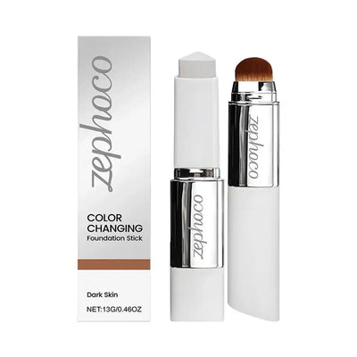 Double-head color-changing foundation stick from Frost Glow Cosmetics, displayed with three shades on a model's face.