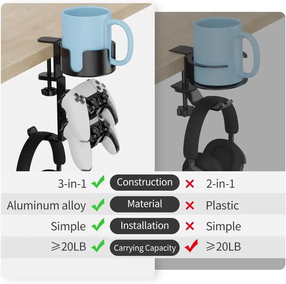 Frost Glow Cosmetics 360° rotating headphone holder & controller stand. Space-saving desk clamp design with adjustable hanger.