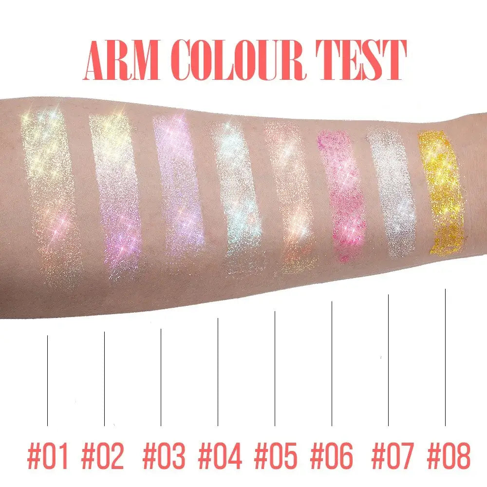Frost Glow Cosmetics Rolling Ball Gel in various colors, showcasing shimmering effects on face and body for a glowing look.