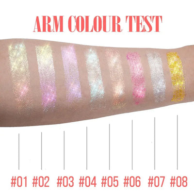 Frost Glow Cosmetics Rolling Ball Gel in various colors, showcasing shimmering effects on face and body for a glowing look.