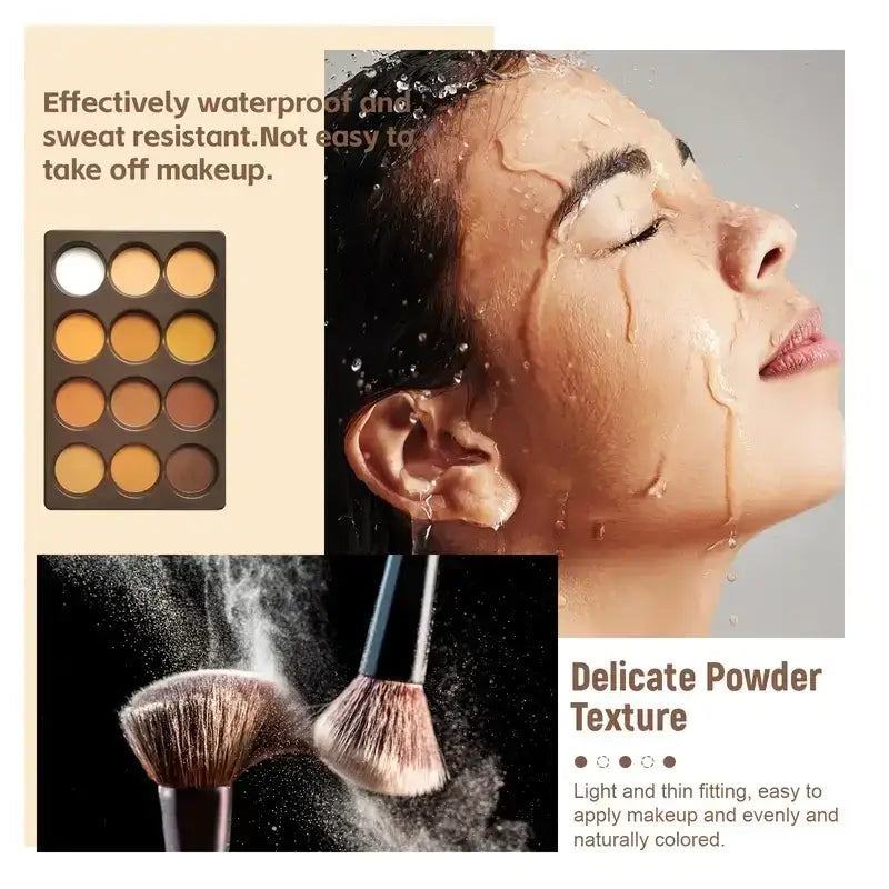 Model showcasing the Frost Glow Cosmetics Pressed Powder Palette with 12 shades for flawless bronzing.