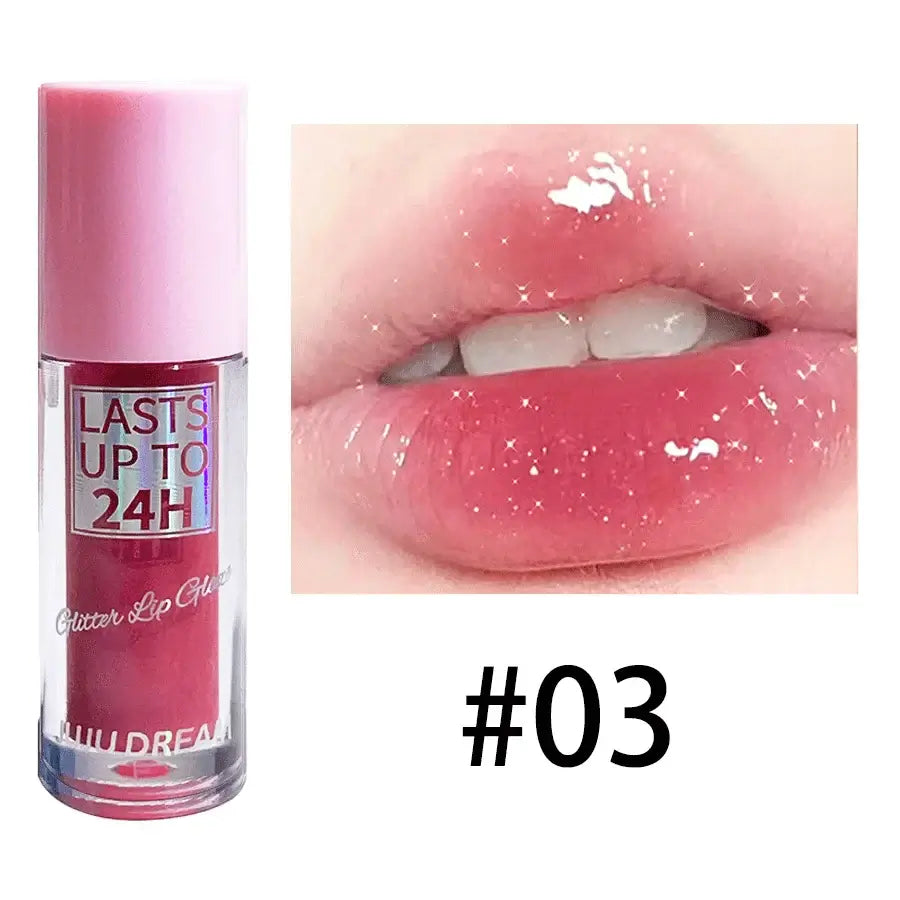 Frost Glow Cosmetics lip gloss with glitter glaze on sparkling pink lips, showcasing long-lasting shimmer in a stylish design.