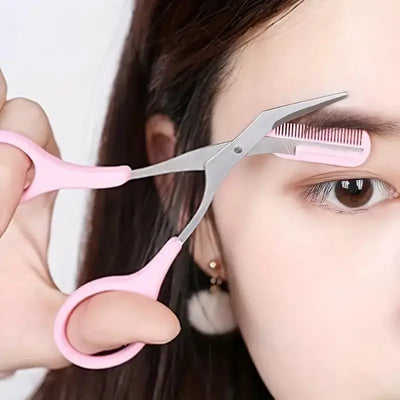 Frost Glow Cosmetics eyebrow trimmer set with curved razor, scissors & comb. Easy beauty tools for shaping brows at home.