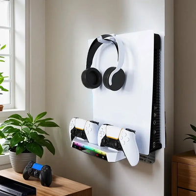 Mount your PS5 or PS5 Slim with ease using this wall kit. Includes dual controller charging station & headset holder for a clean setup.