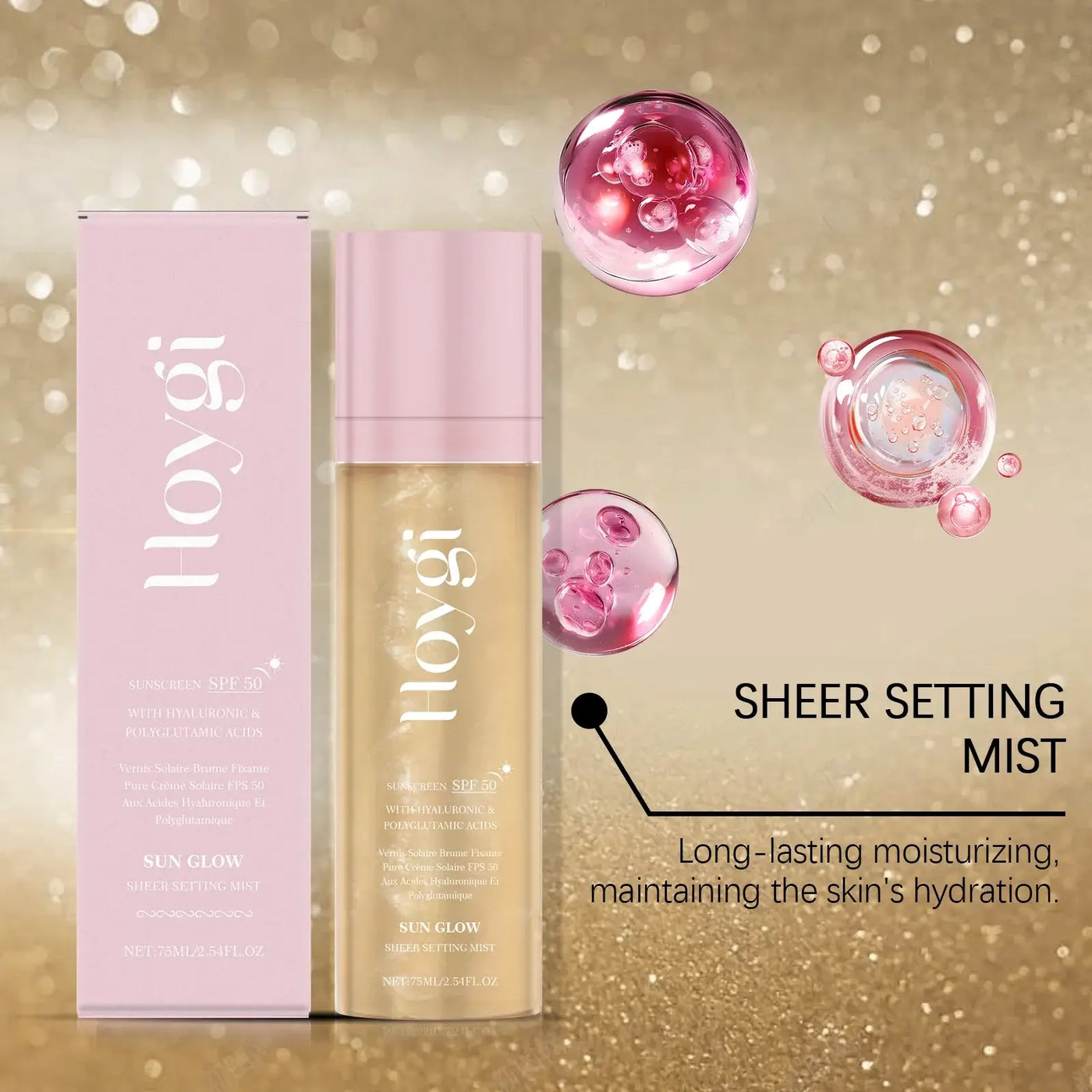 Frost Glow Cosmetics Hoygi SPF 50+ setting spray. Oil-control, matte, waterproof fixer with sun protection & fast film formation.