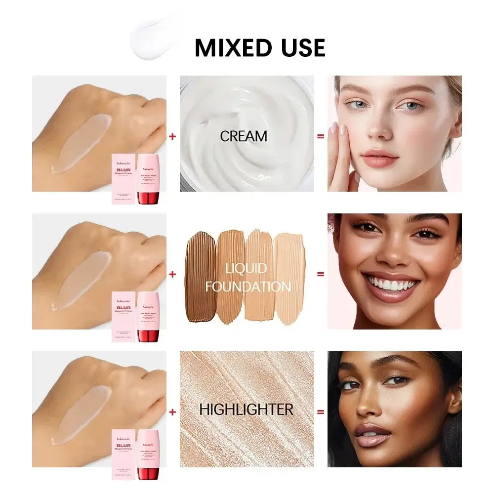 Lakerain Blur Magnet Primer shown in packaging, demonstrating application on skin for a flawless makeup finish.