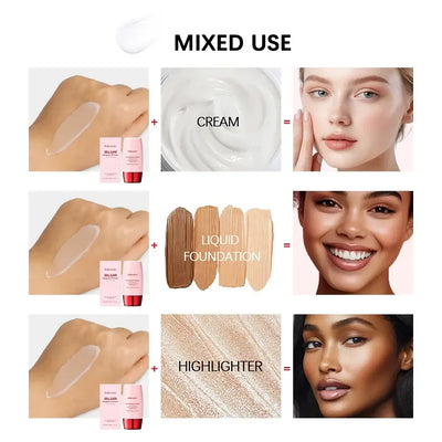 Lakerain Blur Magnet Primer shown in packaging, demonstrating application on skin for a flawless makeup finish.