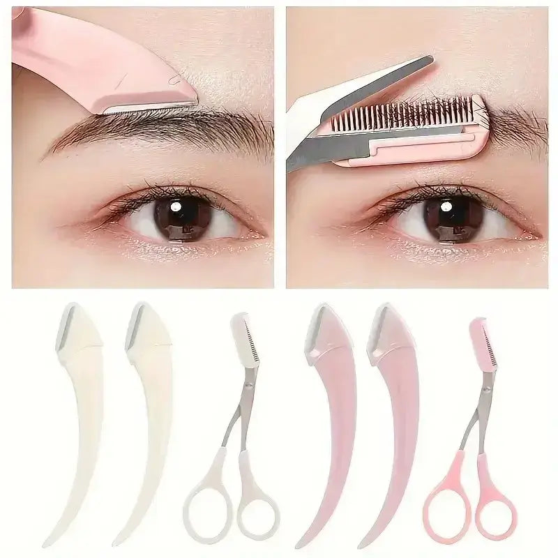 Frost Glow Cosmetics eyebrow trimmer set with curved razor, scissors & comb. Easy beauty tools for shaping brows at home.