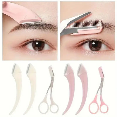 Frost Glow Cosmetics eyebrow trimmer set with curved razor, scissors & comb. Easy beauty tools for shaping brows at home.