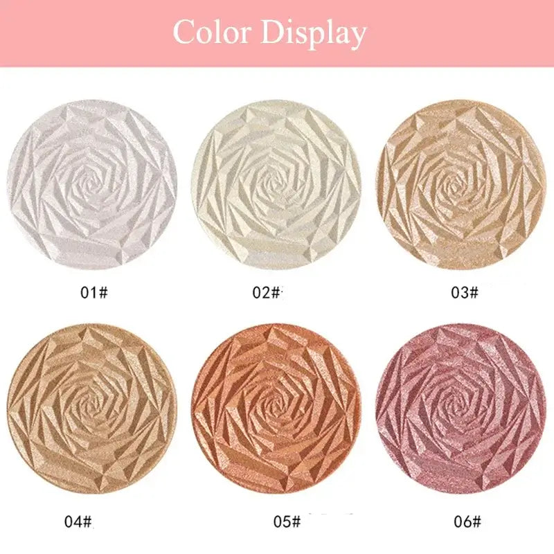 Frost Glow Cosmetics Diamond Glow highlighter showcased on skin and model, featuring shimmering rose-patterned design.