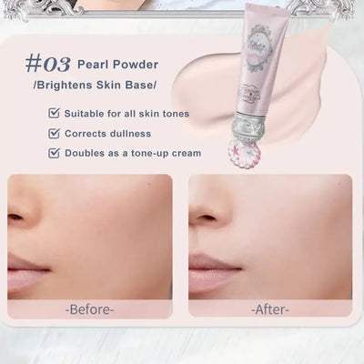 Illustration of Frost Glow Cosmetics Primer benefits: Triple-tone customization, pore-blurring effect, soft-focus complexion, hydrating skin fusion.