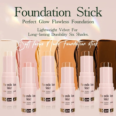 Frost Glow Cosmetics Waterproof Cream Foundation Stick in Golden, showcasing before and after skin transformation.
