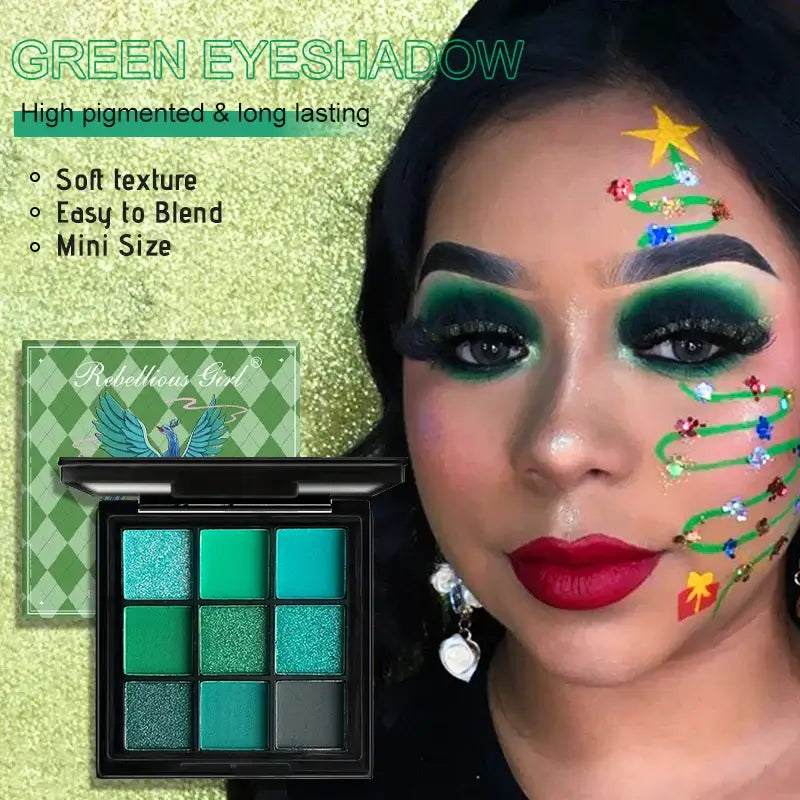 Frost Glow Cosmetics 9-color eyeshadow palette. Shimmer & matte shades for vibrant festival, party & stage-ready eye makeup looks.
