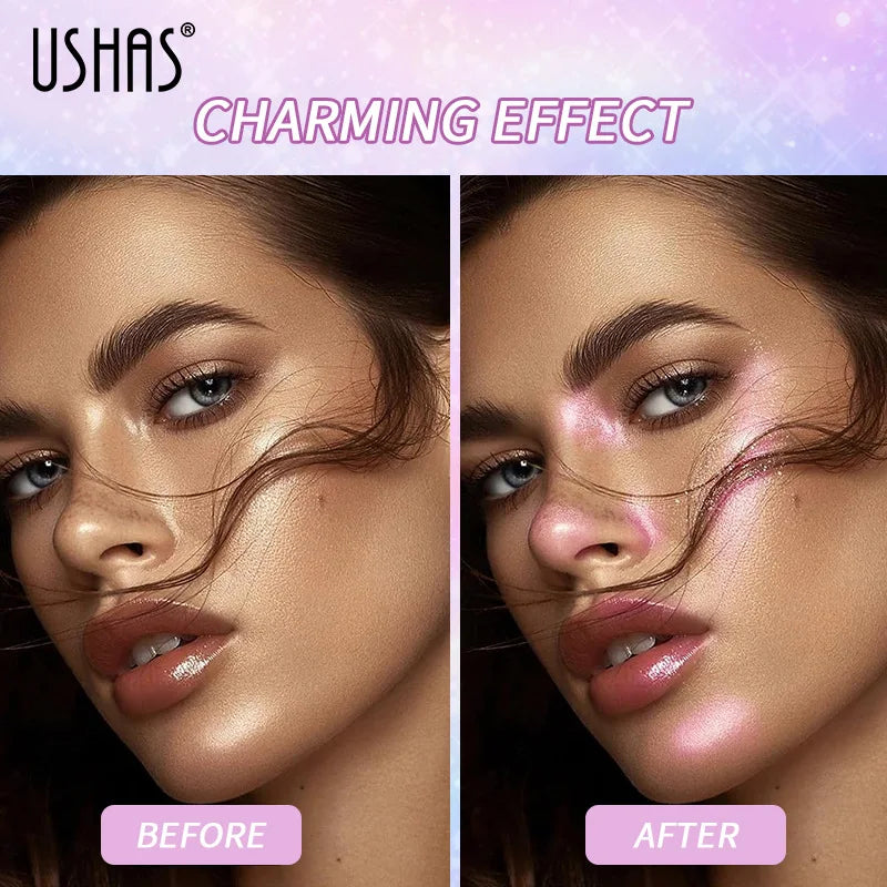 Three shimmer spray bottles for face and body by USHAS, showcasing radiant glow effects on skin.
