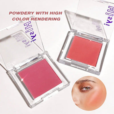 Monochrome blush by HISYI, featuring two shades in a sleek compact, showcasing brightening matte finish and high color rendering.