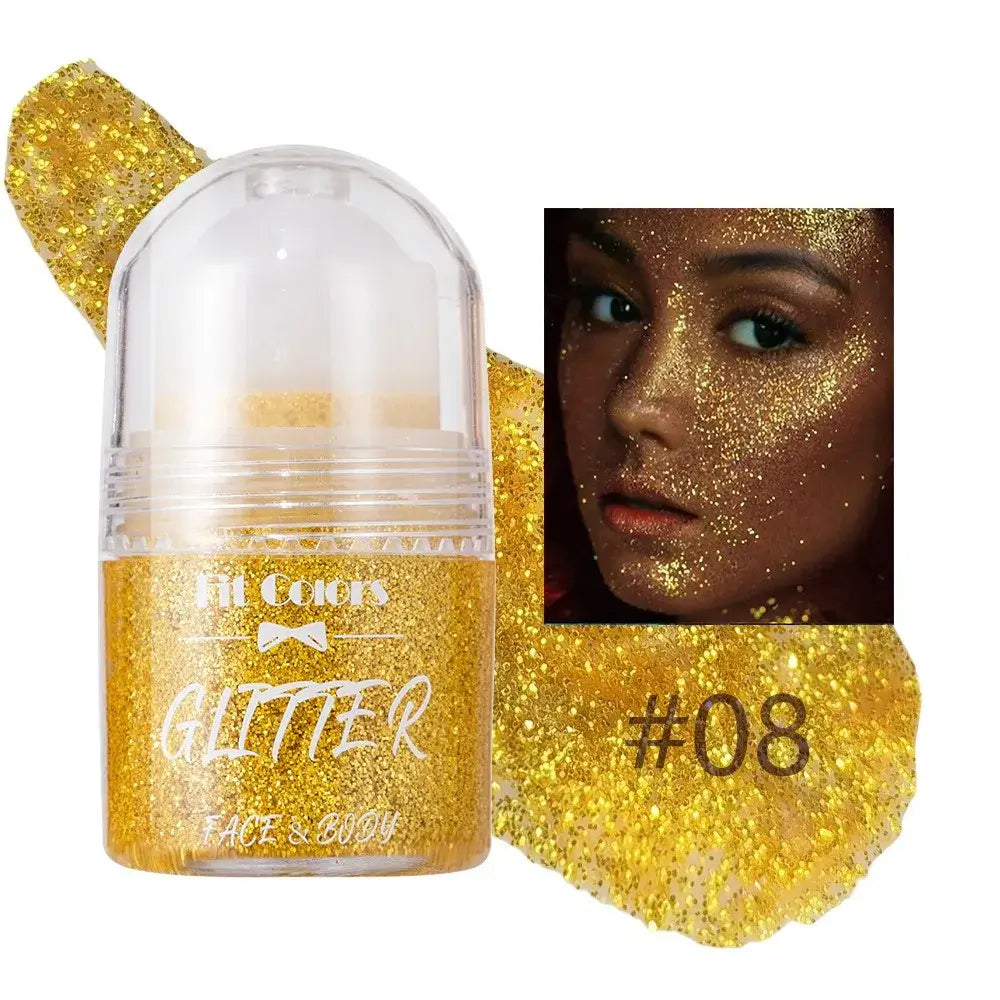 Frost Glow Cosmetics Rolling Ball Gel in various colors, showcasing shimmering effects on face and body for a glowing look.