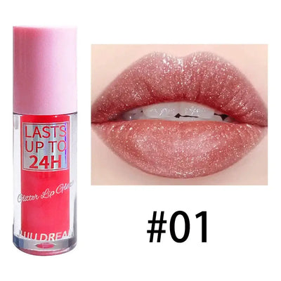 Frost Glow Cosmetics lip gloss with glitter glaze on sparkling pink lips, showcasing long-lasting shimmer in a stylish design.