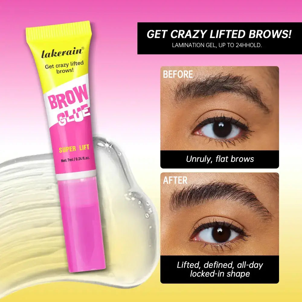 Frost Glow Cosmetics brow lamination gel with comb. Clear, strong-hold brow glue for lifted, defined, long-lasting eyebrow makeup.