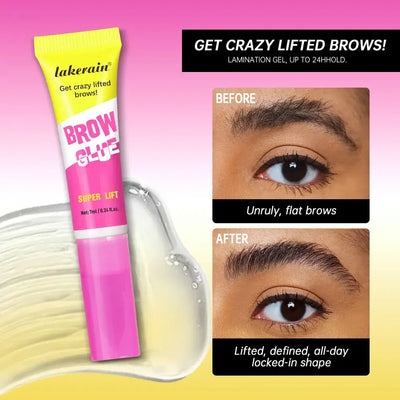 Frost Glow Cosmetics brow lamination gel with comb. Clear, strong-hold brow glue for lifted, defined, long-lasting eyebrow makeup.