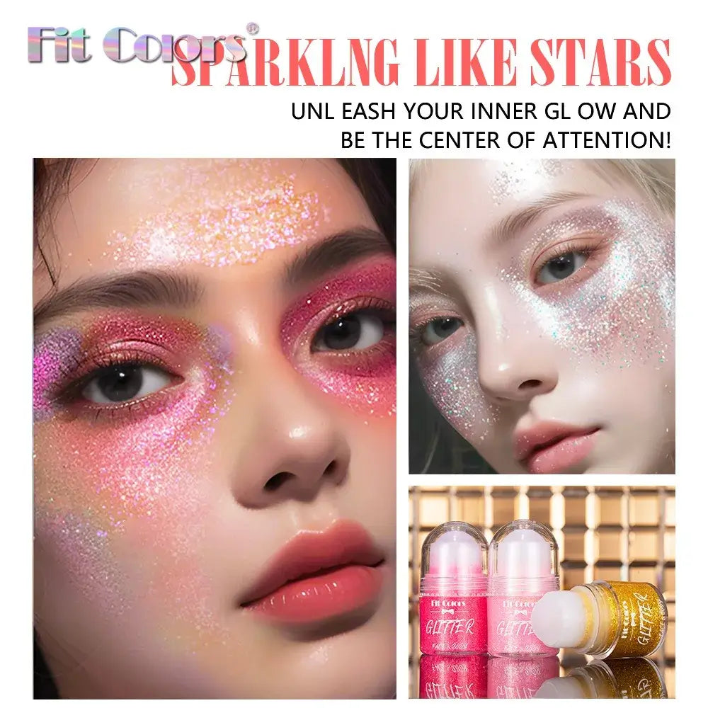 Frost Glow Cosmetics Rolling Ball Gel in various colors, showcasing shimmering effects on face and body for a glowing look.
