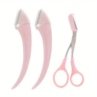 Frost Glow Cosmetics eyebrow trimmer set with curved razor, scissors & comb. Easy beauty tools for shaping brows at home.