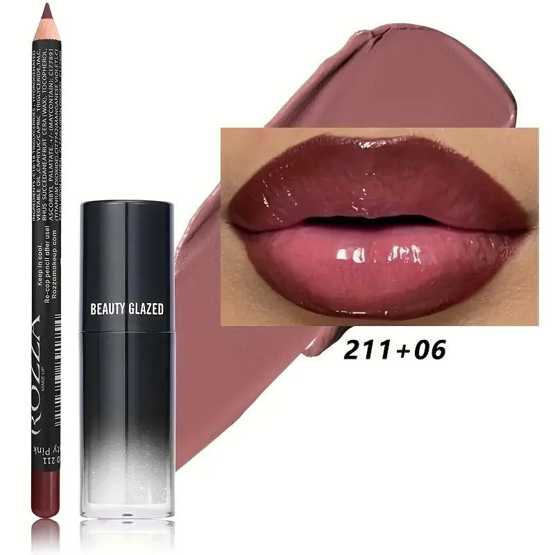 Frost Glow Cosmetics 2pcs lip liner & lip oil set. Waterproof, long-lasting, moisturizing, and plumping lip combo for perfect lips.
