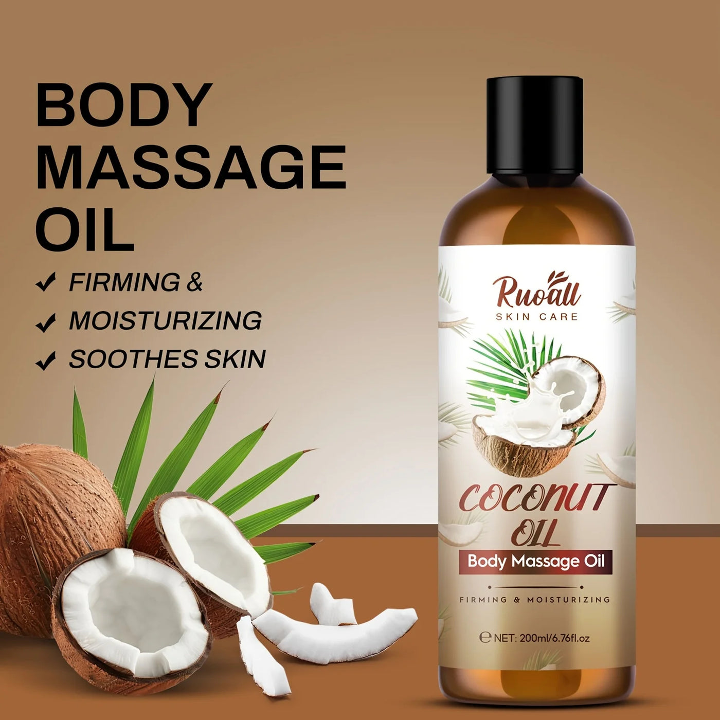 Rich coconut massage oil with lasting fragrance. Nourishes, hydrates & relaxes the body while enhancing skincare naturally.