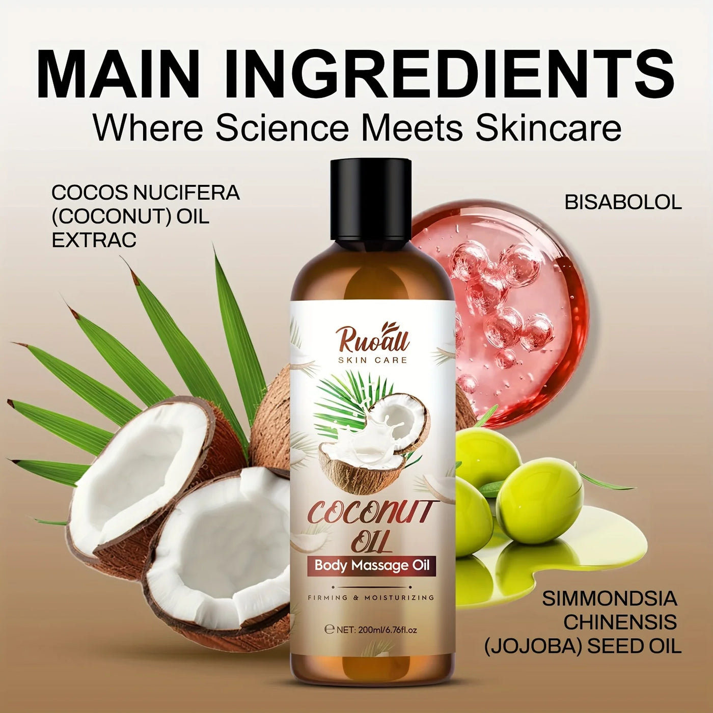 Rich coconut massage oil with lasting fragrance. Nourishes, hydrates & relaxes the body while enhancing skincare naturally.