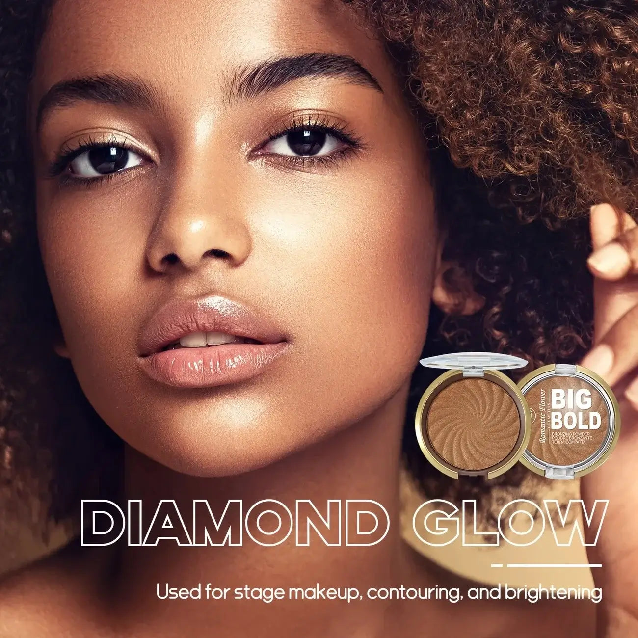 Frost Glow Cosmetics Pressed Powder with bronzer and highlighter showcased with models demonstrating a radiant glow.