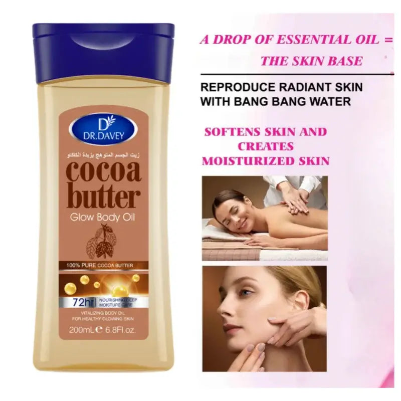 Nourishing cocoa butter body oil for glowing, hydrated skin. Smooths, softens & revitalizes. Suitable for all skin types.