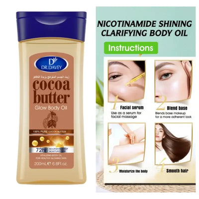 Nourishing cocoa butter body oil for glowing, hydrated skin. Smooths, softens & revitalizes. Suitable for all skin types.