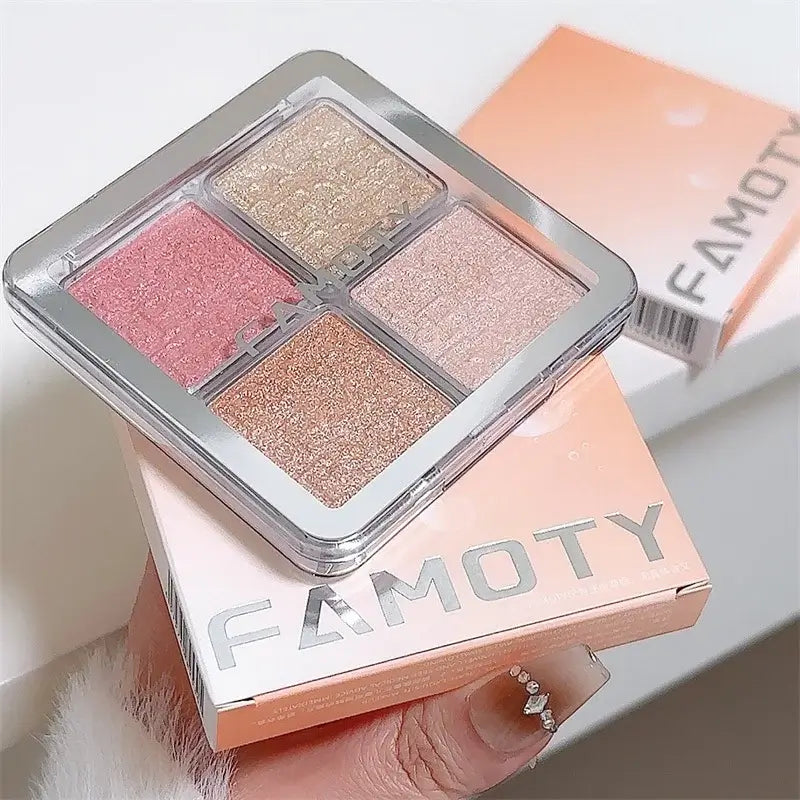 Frost Glow Cosmetics Shimmer Highlighter palette with four shades, featuring models showcasing a glittery makeup look.