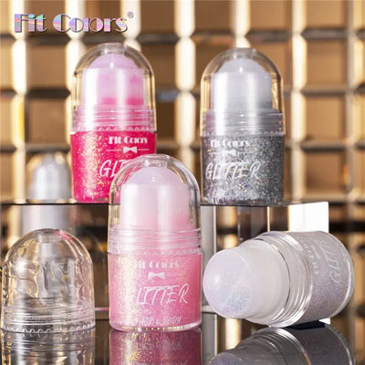Frost Glow Cosmetics Rolling Ball Gel in various colors, showcasing shimmering effects on face and body for a glowing look.