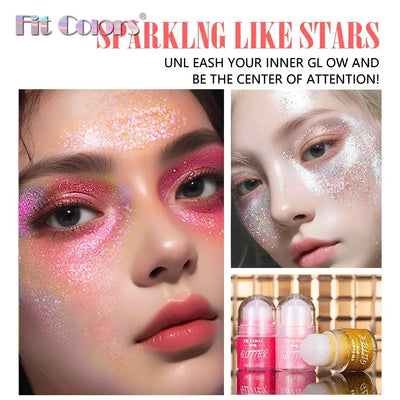 Frost Glow Cosmetics Rolling Ball Gel in various colors, showcasing shimmering effects on face and body for a glowing look.