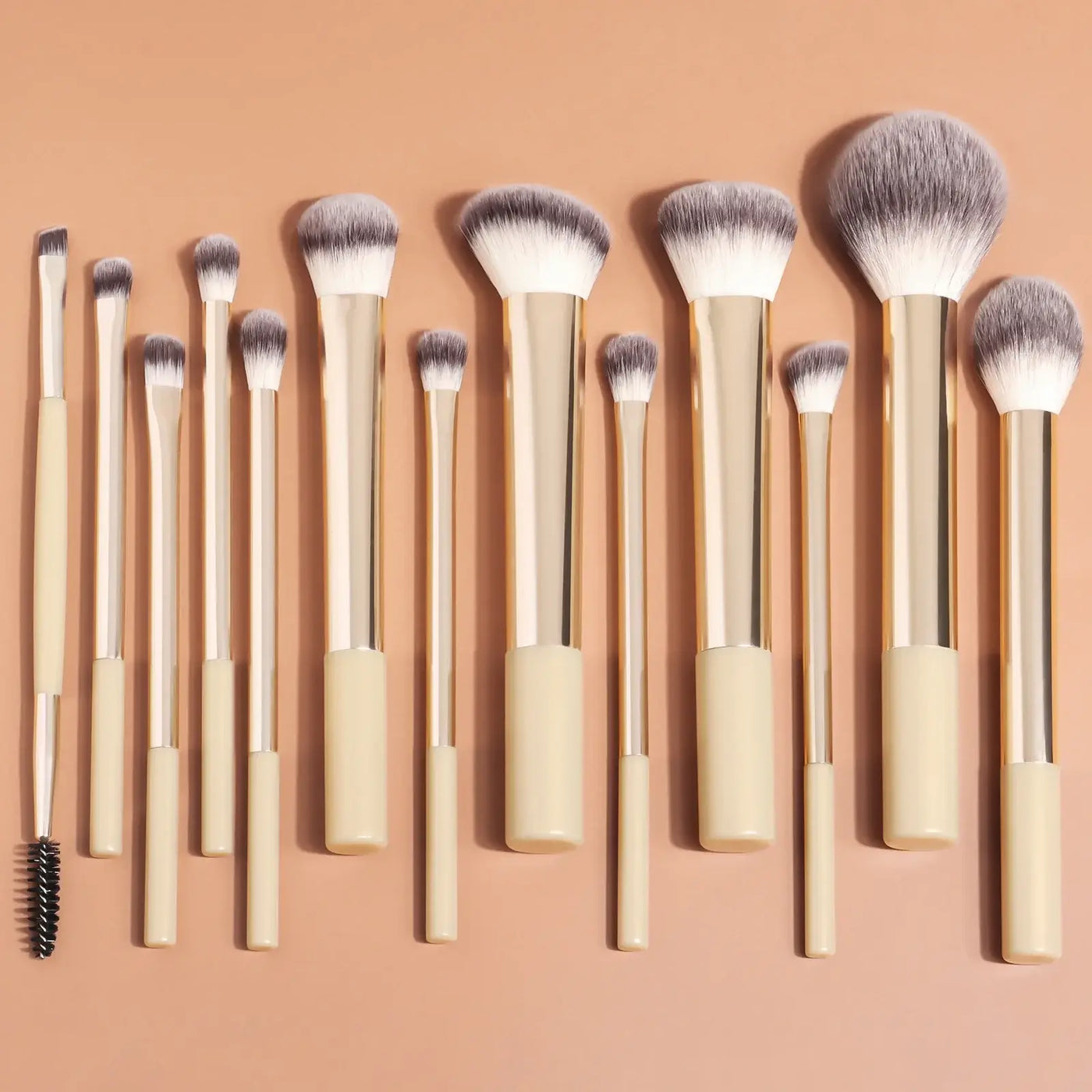 Professional 13pcs makeup brush set with kabuki, foundation, blush & eyeshadow brushes. Achieve flawless blending with Frost Glow Cosmetics.
