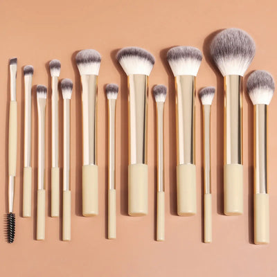 Professional 13pcs makeup brush set with kabuki, foundation, blush & eyeshadow brushes. Achieve flawless blending with Frost Glow Cosmetics.