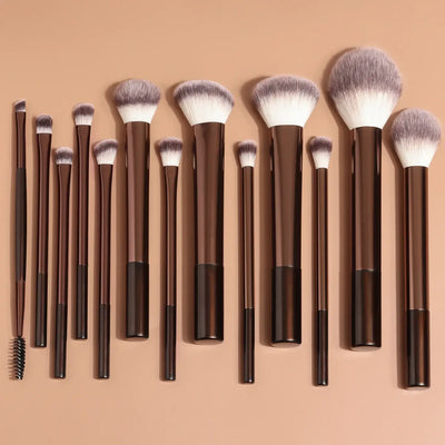 Professional 13pcs makeup brush set with kabuki, foundation, blush & eyeshadow brushes. Achieve flawless blending with Frost Glow Cosmetics.