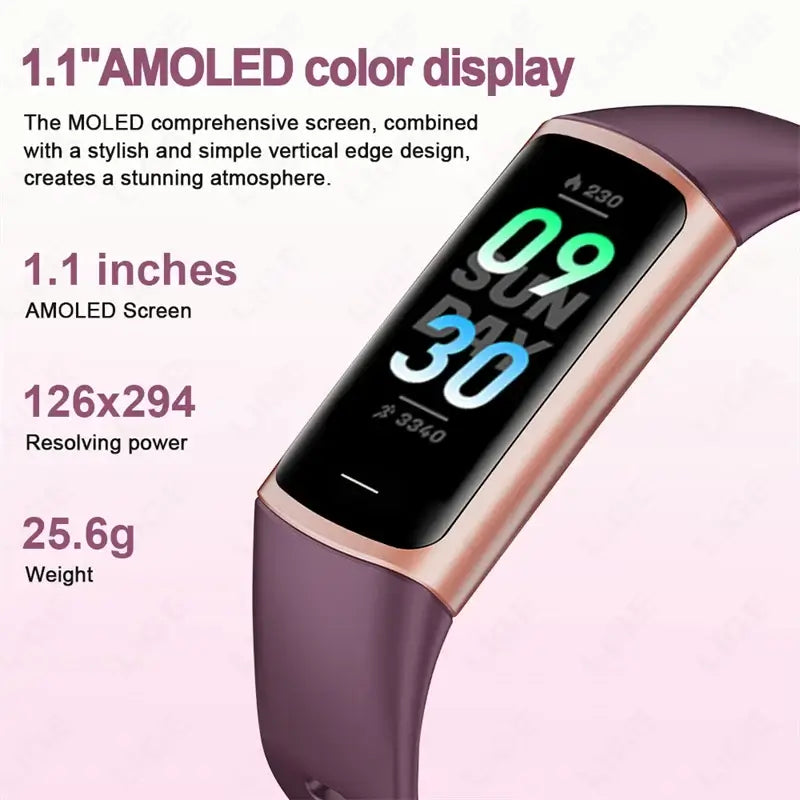 2025 Frost Glow Cosmetics smart bracelet fitness tracker. Waterproof band for men & women, phone-connected, Android & iOS watch.