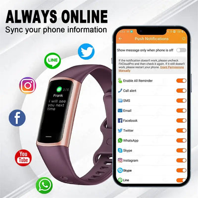 2025 Frost Glow Cosmetics smart bracelet fitness tracker. Waterproof band for men & women, phone-connected, Android & iOS watch.