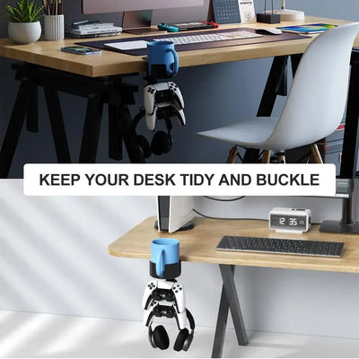 Frost Glow Cosmetics 360° rotating headphone holder & controller stand. Space-saving desk clamp design with adjustable hanger.