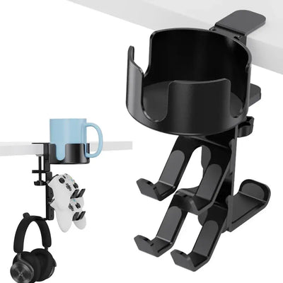 Frost Glow Cosmetics 360° rotating headphone holder & controller stand. Space-saving desk clamp design with adjustable hanger.