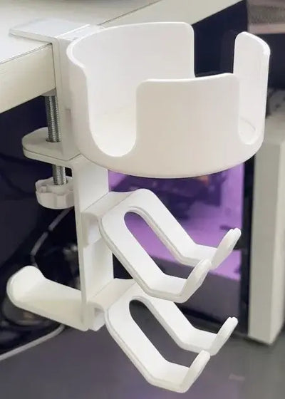 Frost Glow Cosmetics 360° rotating headphone holder & controller stand. Space-saving desk clamp design with adjustable hanger.