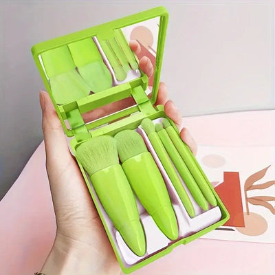 Compact 5pcs portable makeup brush set with foldable mirror. Perfect for travel touch-ups. Shop beauty tools at Frost Glow Cosmetics today!
