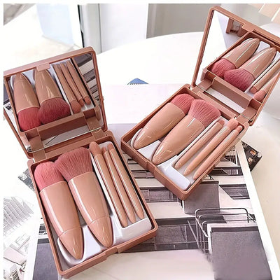 Compact 5pcs portable makeup brush set with foldable mirror. Perfect for travel touch-ups. Shop beauty tools at Frost Glow Cosmetics today!